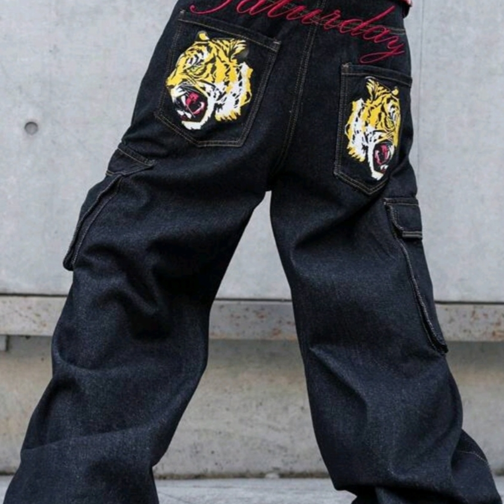 Men's Black Jeans with Tigers And Embroidery